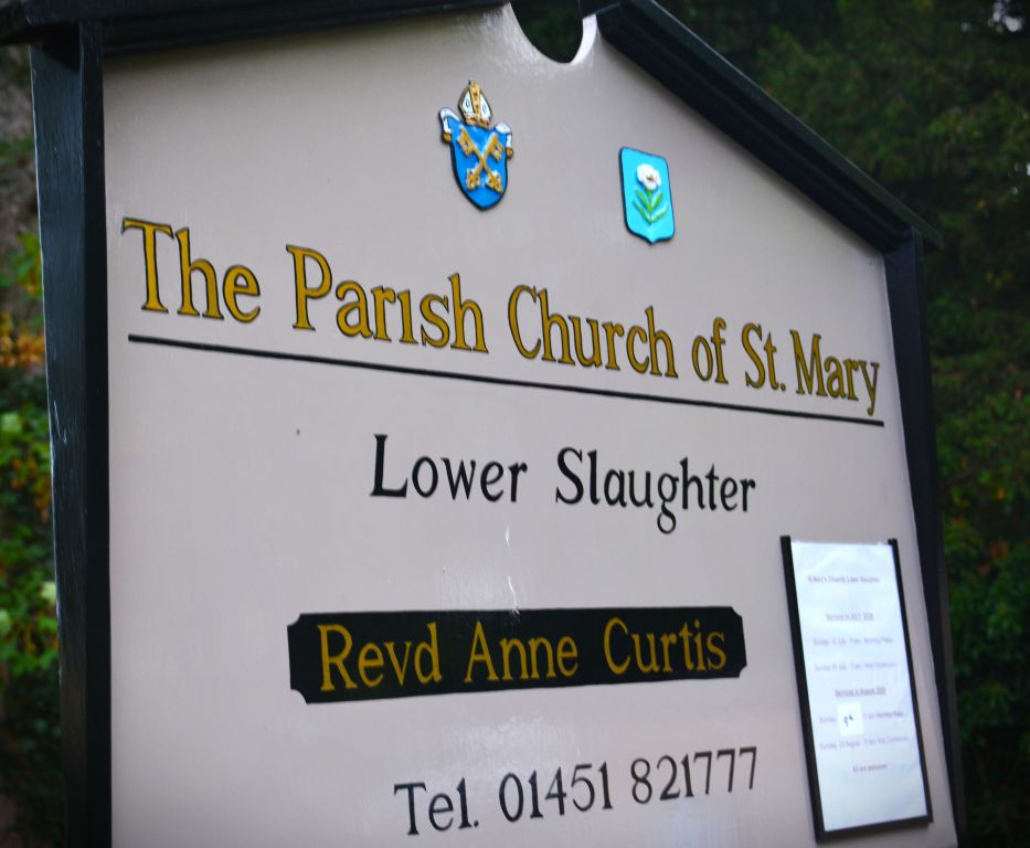 Church sign, Lower Slaughter Cotswolds England